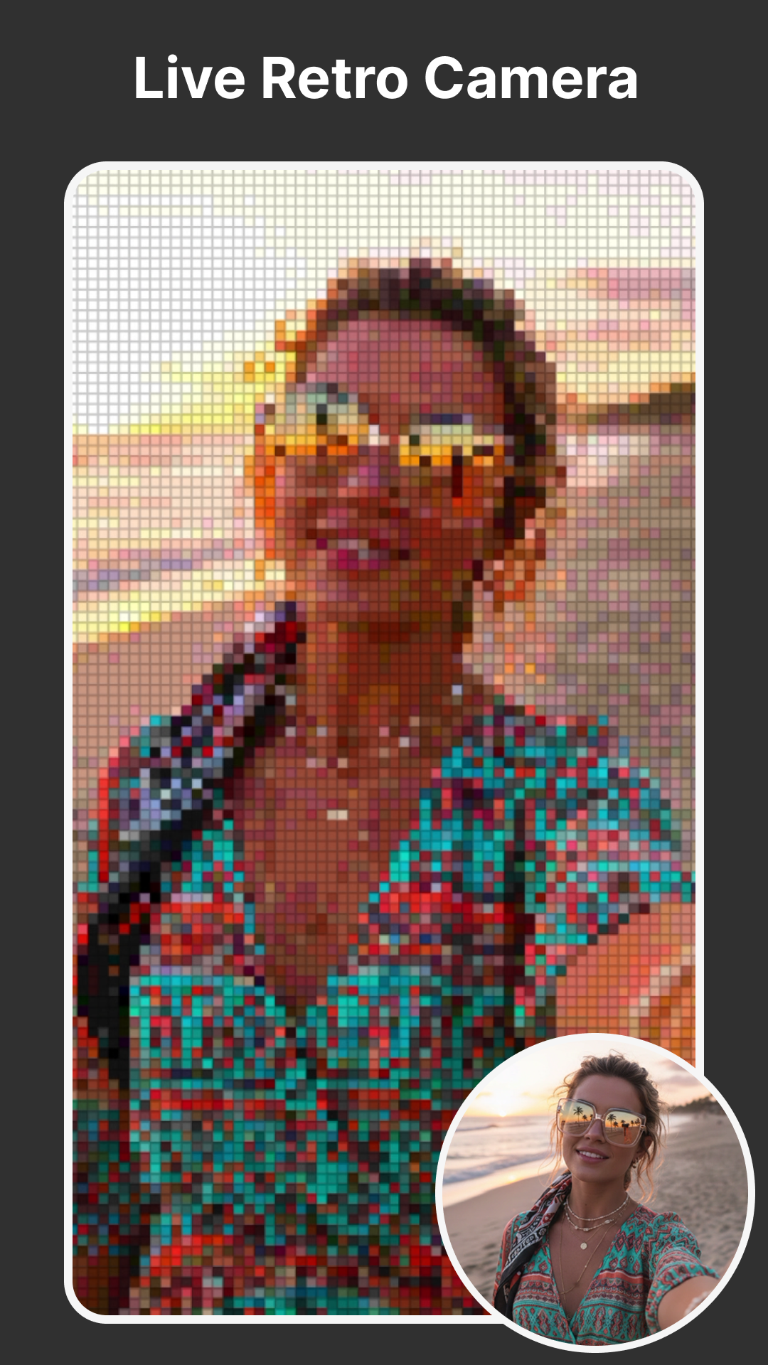 Pixelify live retro camera effect on a beach portrait